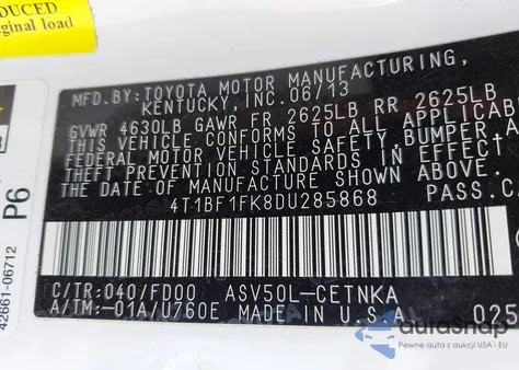 2013 Toyota Camry L/Se/Le/Xle from USA, damaged, VIN 4T1BF1FK8DU285868